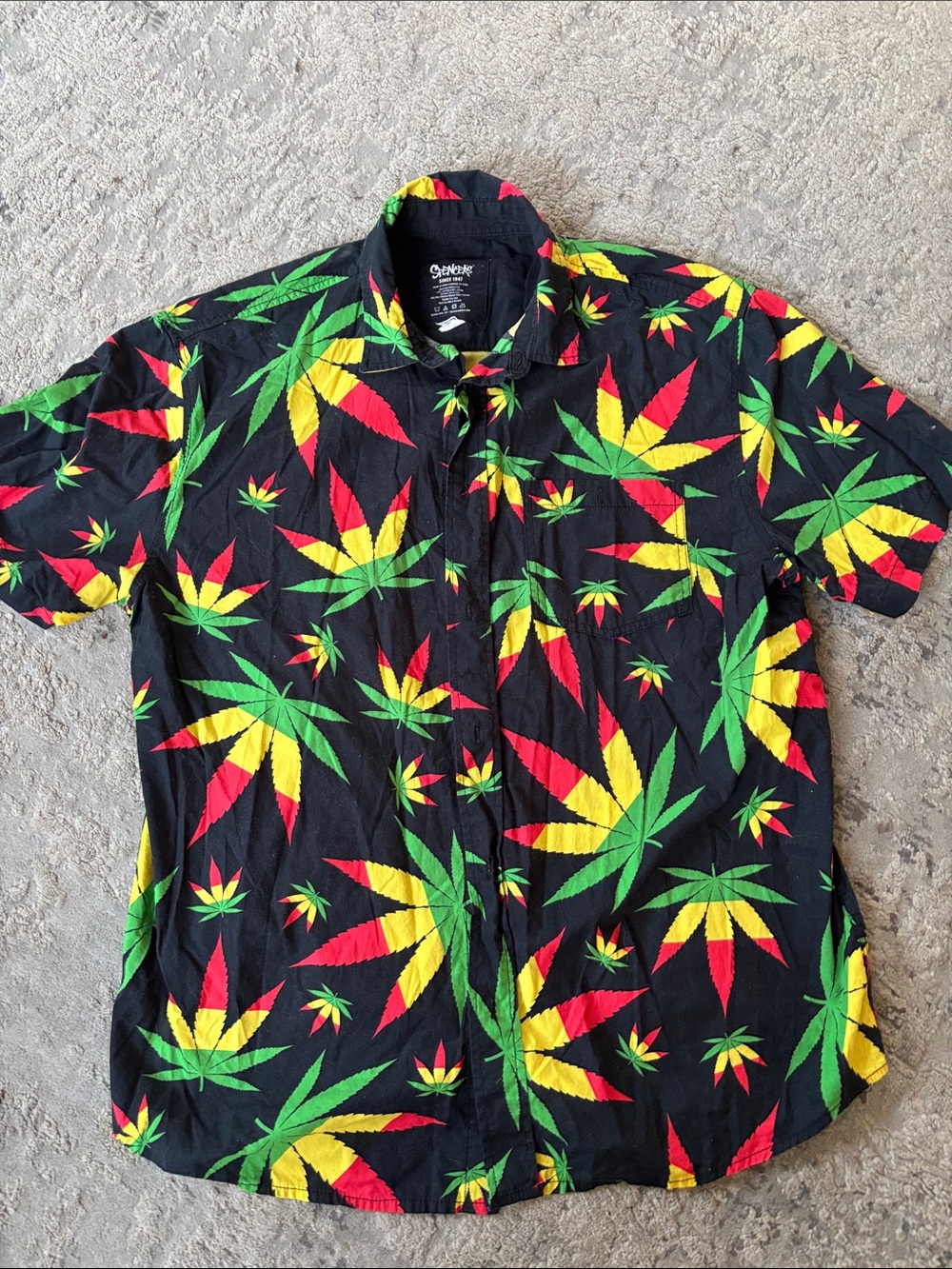 Spencer's Black Short-Sleeve Button-Up with Red, Yellow & Green Leaf Print